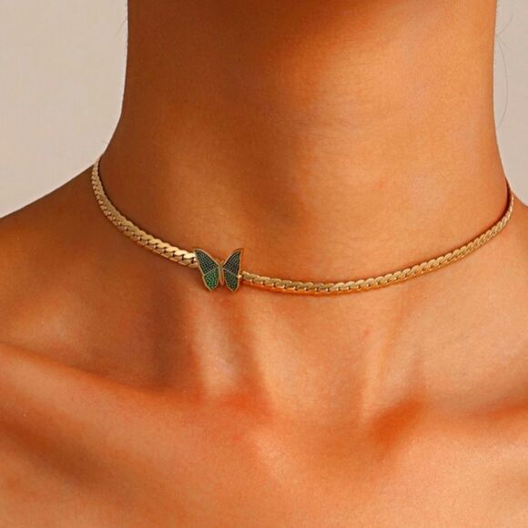 Choker-Collar Bone Necklace 18K Gold Plated Stainless Steel Butterfly Women's … - Picture 1 of 2